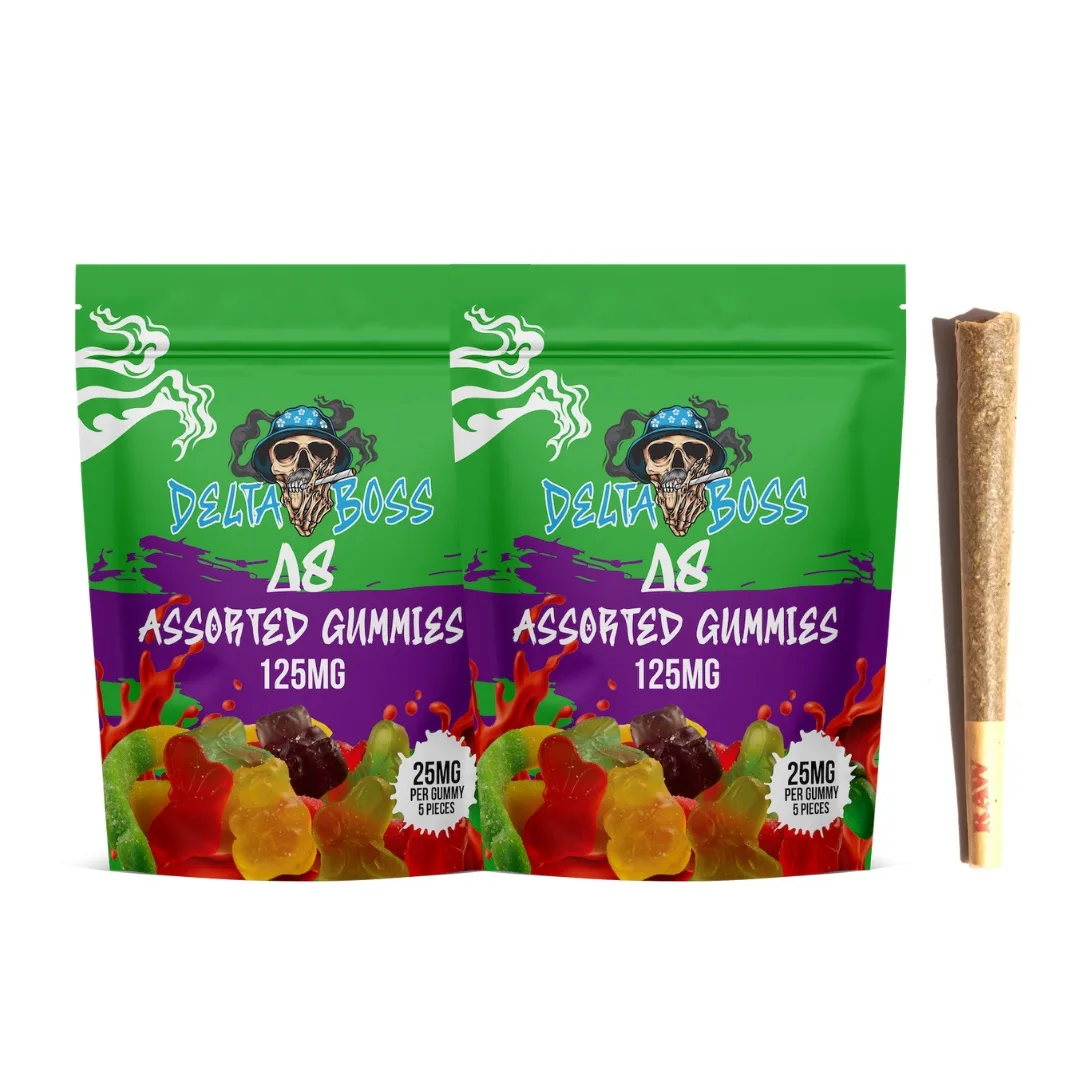 2 Packs Delta Boss Delta-8 Gummy Pack Assorted +  1 King-sized D8 Pre Roll (450mg+ Total Delta-8 THC)